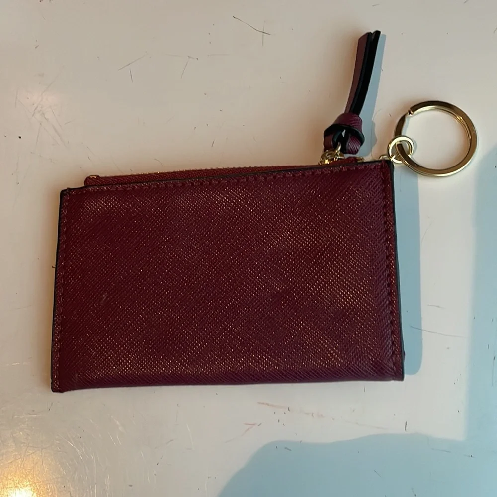 Burgundy wallet coin purse keychain Leather zippers pocket red